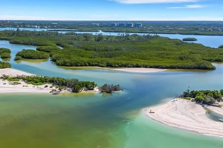 Aerial view of a coastal inlet with sandbars and greenery under a blue sky.