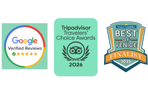 Google Reviews badge, Tripadvisor award, and Best of Venice finalist badge.
