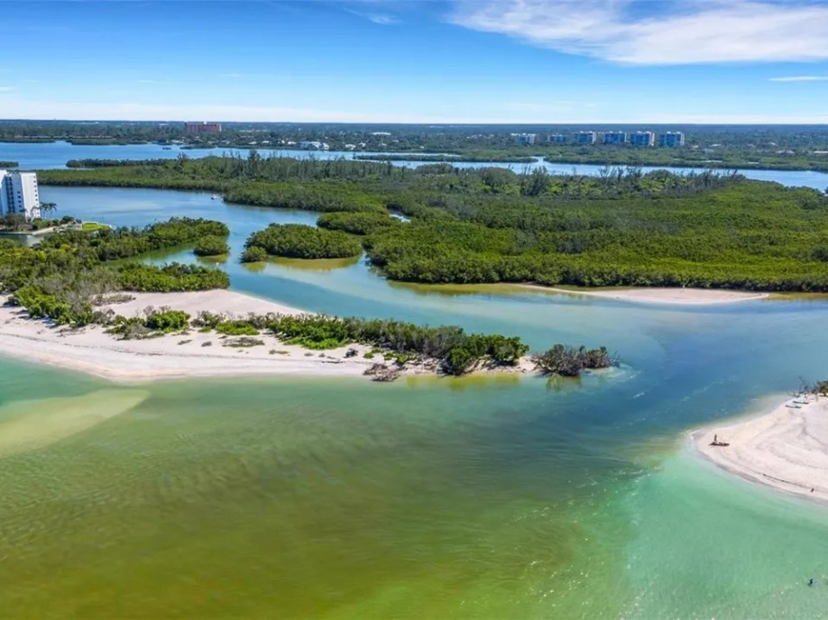 Aerial view of a beach, inlet, and dense greenery with buildings in the background.